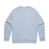 A light blue sweater with a simple design and a branding logo on the back.
