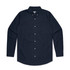 A button-up Oxford shirt in navy blue with long sleeves and a chest pocket. It features a collar and buttons.