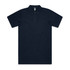 A navy polo shirt with a collar and three buttons, featuring a logo on the chest.