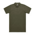 An olive green polo shirt with a collar and three buttons, featuring a logo.