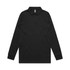 A black long-sleeve polo shirt featuring a collar and buttons, with a logo on the chest.