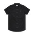 A black short-sleeved button-up shirt featuring a chest pocket and a logo on the front.