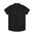 A black short-sleeve button-up shirt with a classic collar and a simple design. It features a logo on the back.