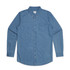 A blue denim shirt with a button-down collar and a single chest pocket, featuring a logo.