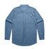 A blue denim shirt with long sleeves and a collared neck, featuring a back yoke design and button cuffs.