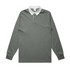 A long-sleeved grey rugby jersey with a white collar and a logo on the chest.