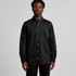 A black denim wash shirt with a button-up front and long sleeves, featuring a pocket and a logo.