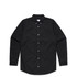 A button-up shirt in black with long sleeves and a single chest pocket, featuring a logo.
