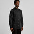 A black button-up denim wash shirt features a collar and long sleeves, with a chest pocket and a logo.