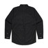 A black denim wash shirt with long sleeves and a button-up design, featuring a logo on the back.