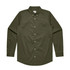 A button-up shirt in olive green with long sleeves and a chest pocket, featuring a logo.