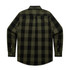 A black and olive green check shirt featuring a button-up design and a traditional collar. It has a logo on the back.