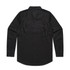 A black linen button-up shirt featuring long sleeves and a standard collar, with a small logo on the back.