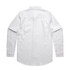 A white linen button-up shirt with long sleeves and a collar, featuring a simple design on the back.