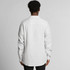 A white linen button-up shirt with long sleeves viewed from the back, featuring a logo on the back.