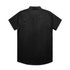 A black short-sleeved button-up shirt with a structured collar and a smooth fabric texture. It features a logo.