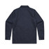 A navy work jacket with a collared neckline, long sleeves, and button details at the cuffs and hem, featuring a logo.