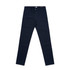 Navy blue slacks with a fitted design, featuring pockets and a waistband with a logo.