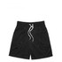 Black sports shorts with an elastic waistband and white drawstring, featuring a logo.