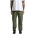 Utility cargo pants in olive green featuring multiple side pockets, worn by a person with tattoos.