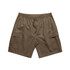 Cargo shorts in a rich brown colour feature an elastic waistband and multiple side pockets. There is a logo present.