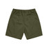 Olive green walk shorts with an elastic waistband and two back pockets. Includes a logo.