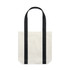 A two-tone tote bag in cream with black straps. It features a logo on the front.