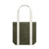 A two-tone tote bag featuring an olive green body and cream handles, with a logo on the side.