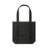 A black tote bag with long handles and a square shape, featuring a logo on one side.