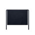 A dark navy half apron featuring a front pocket and ties. It has a simple design with a logo.