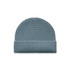 A knitted beanie in a soft blue shade, featuring a ribbed design and a folded cuff. It has a logo on it.