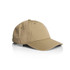 A khaki five panel cap featuring an adjustable strap and a logo.