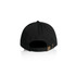 A black cap featuring a buckle closure at the back and a logo.