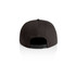 A black cap featuring a flat brim and an adjustable strap at the back, with branding detail.