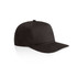 A black cap with a structured fit, featuring a curved brim and an adjustable strap. Includes a logo on the front.