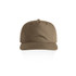 A khaki cap with a flat brim and a stitched design. It features a logo on the front.