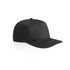 A black cap with a structured front and curved peak, featuring ventilation holes and a logo.