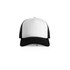 A two-tone trucker cap featuring a white front and black mesh sides, with a logo on the front.