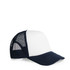 A two-tone trucker cap featuring a white front and navy mesh back, including a logo on the front.