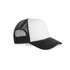 A two-tone trucker cap featuring a white front and black mesh back. It has a curved black peak and a brand logo.
