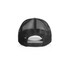 A black two-tone trucker cap featuring a mesh back and an adjustable snap closure.