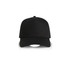 A black cap with a structured front and adjustable strap, featuring a logo on the front.