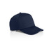 A navy blue cap with a curved brim and a structured design, featuring a logo on the front.