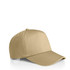 A beige cap with a structured design and a curved brim, featuring a logo on the front.