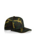 A camouflage cap featuring green and earthy tones, with a flat brim and a logo on the front.