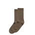 Two pairs of ribbed knit socks in a rich brown colour, featuring a soft texture. The image includes a branding logo.