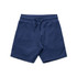 Navy blue kids' sports shorts with an elastic waistband and drawstring, featuring a logo.
