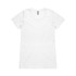 A plain white women's work t-shirt with a round neckline, featuring a branding logo.