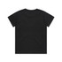 A black T-shirt featuring a simple design and a logo on the back.