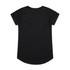 A black T-shirt with short sleeves and a rounded hem, featuring a branding logo on the back.